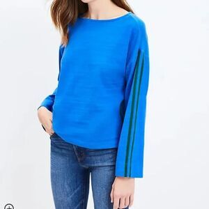 LOFT Wide Sleeve Boatneck Top Cotton Classic Spring Blue & Green Medium